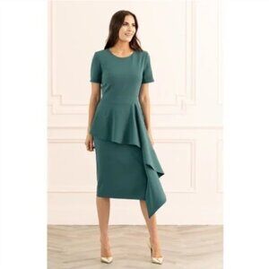 Rachel Parcell Cascade Ruffle Draped Teal Cyrus Sheath Midi Dress